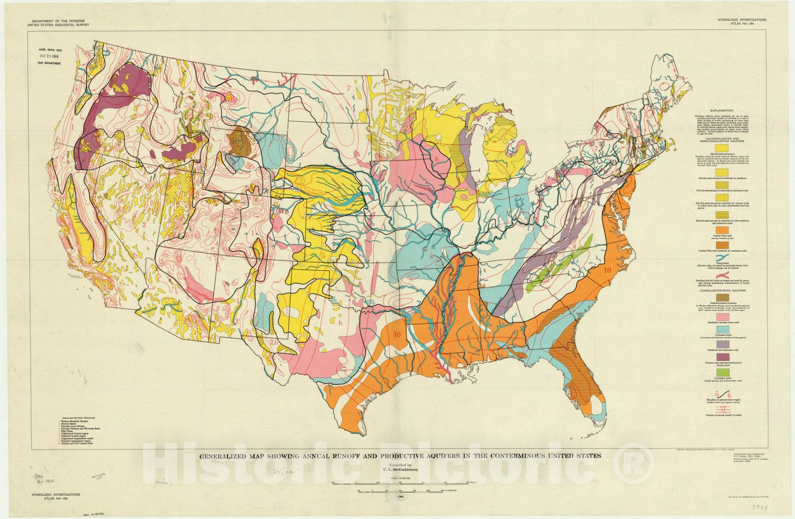 Map : United States 1964, Generalized map showing annual runoff and productive aquifers in the conterminous United States , Antique Vintage Reproduction