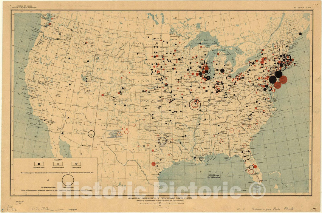 Map : United States 1912, Geographic distribution of producer-gas power plants (based on horsepower of installations in any locality) , Antique Vintage Reproduction