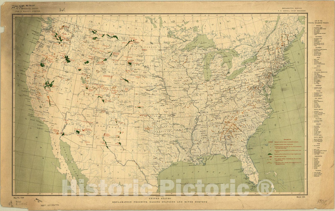 Map : United States 1906, United States, reclamation projects, gaging stations and river surveys , Antique Vintage Reproduction