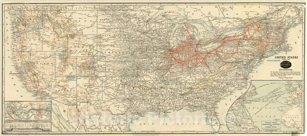 Map : United States 1914, United States showing the New York Central Lines, and connections , Antique Vintage Reproduction