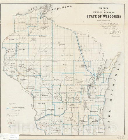 Map : Wisconsin 1866, Sketch of the public surveys in the State of Wisconsin , Antique Vintage Reproduction