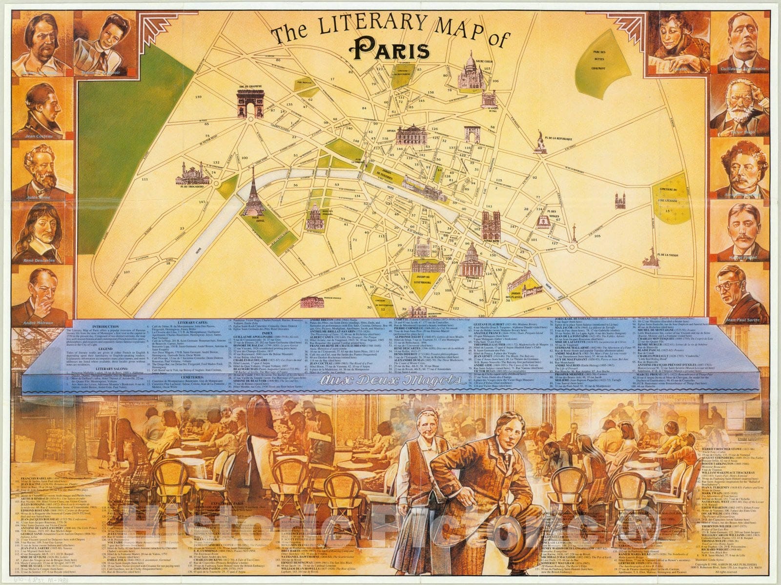 Map : Paris, France 1988, The literary map of Paris , Antique Vintage Reproduction