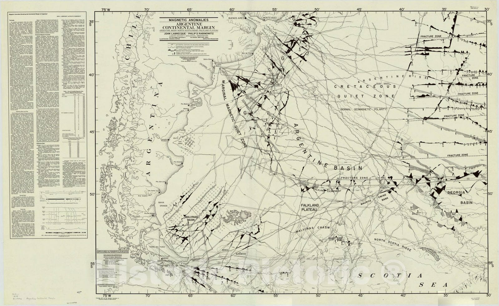 Map : Argentina 1977, Magnetic anomalies, Argentine continental margin : Argentine Basin, North Scotia Ridge, Falkland Plateau , Antique Vintage Reproduction