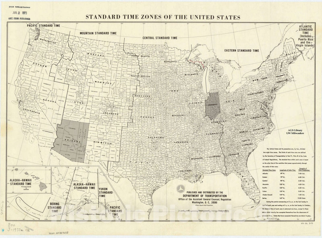 Map : United States 1973, Standard time zones of the United States, Antique Vintage Reproduction