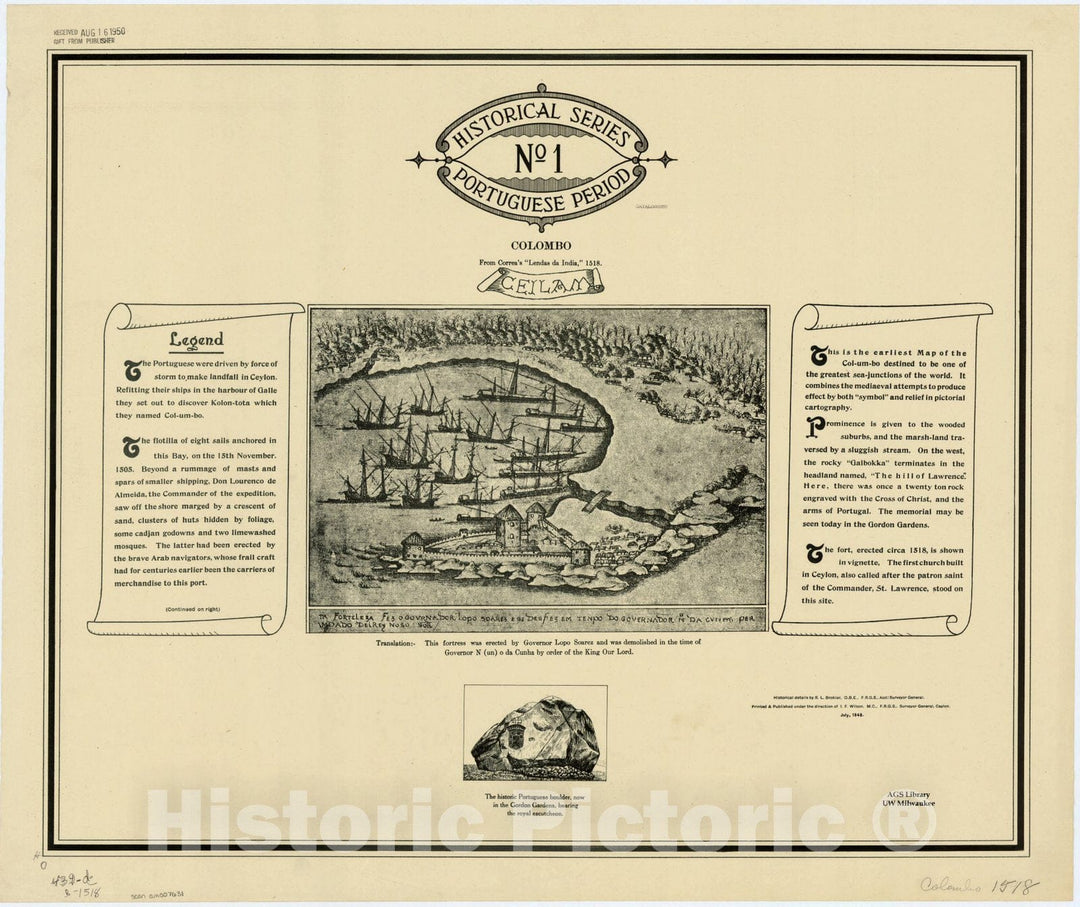 Map : Colombo, Sri Lanka 1518 1948, Colombo, from Correa's |"Lendas da India,|" 1518 , Antique Vintage Reproduction