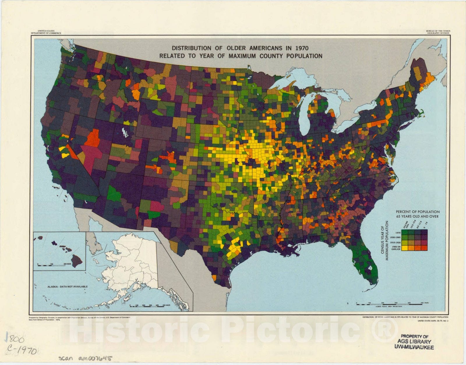 Map : United States 1970, Distribution of older Americans in 1970 related to year of maximum county of population , Antique Vintage Reproduction