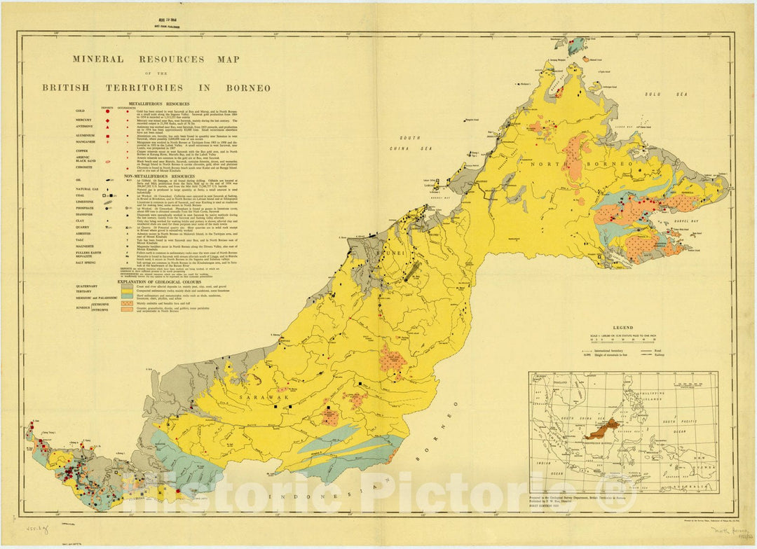 Map : Malaysia 1956, Mineral resources map of the British Territories in Borneo , Antique Vintage Reproduction