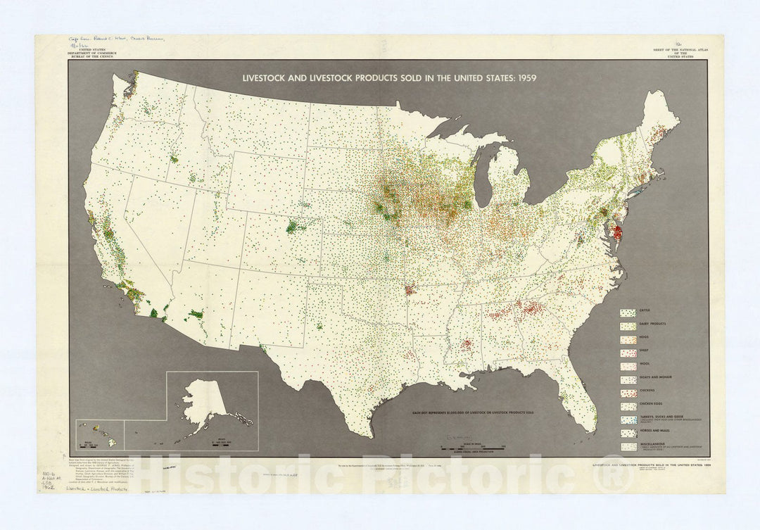 Map : United States 1962, Livestock and livestock products sold in the United States, 1959 , Antique Vintage Reproduction