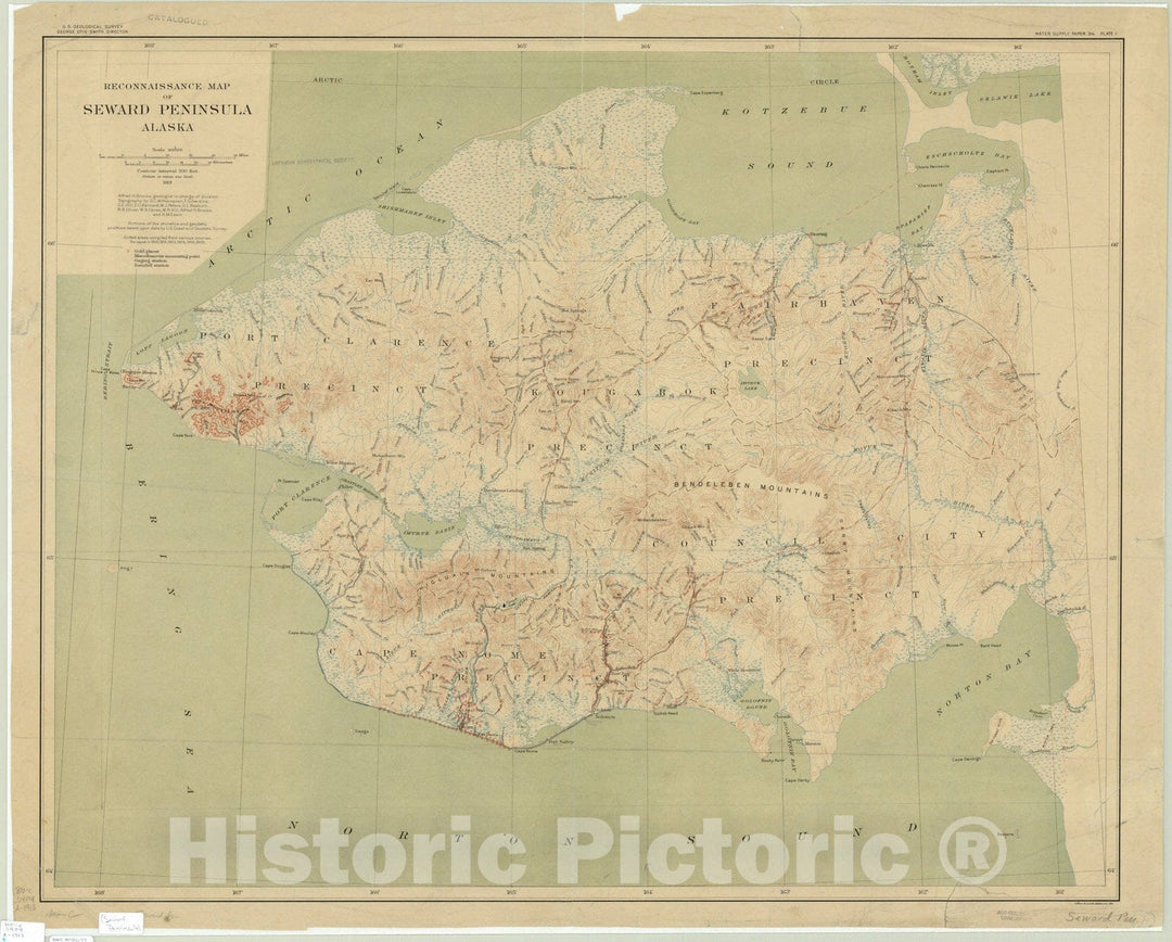 Map : Seward peninsula, Alaska 1913, Reconnaissance map of Seward Peninsula, Alaska , Antique Vintage Reproduction