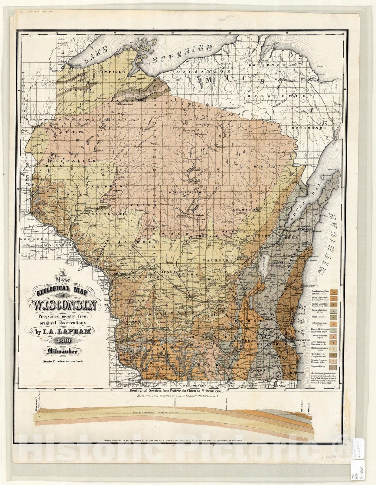 Map : Geologic map of Wisconsin 1869, A new geological map of Wisconsin : prepared mostly from original observations , Antique Vintage Reproduction