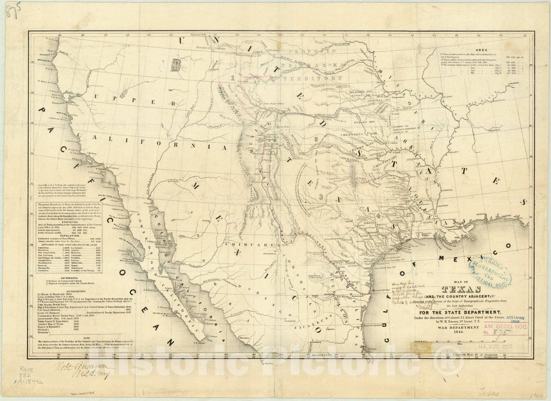 Map : Texas 1844, Map of Texas and the country adjacent , Antique Vintage Reproduction