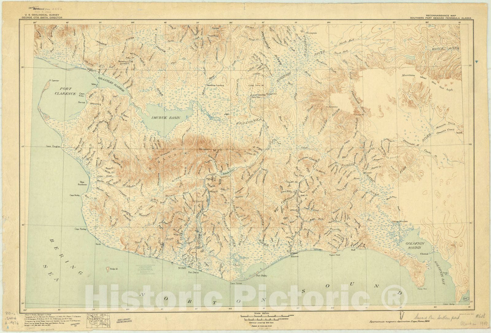 Map : Seward Peninsula, Alaska 1907, Reconnaissance map, southern part Seward Peninsula, Alaska , Antique Vintage Reproduction