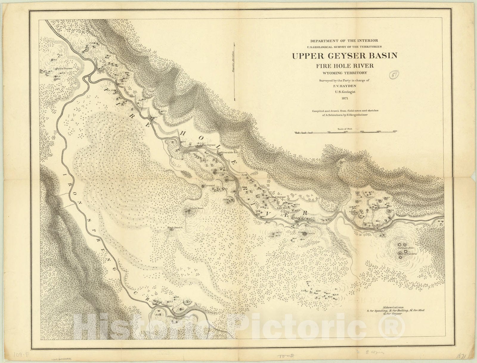 Map : Yellowstone National Park, Wyoming 1871, Upper Geyser Basin, Fire Hole River, Wyoming Territory , Antique Vintage Reproduction