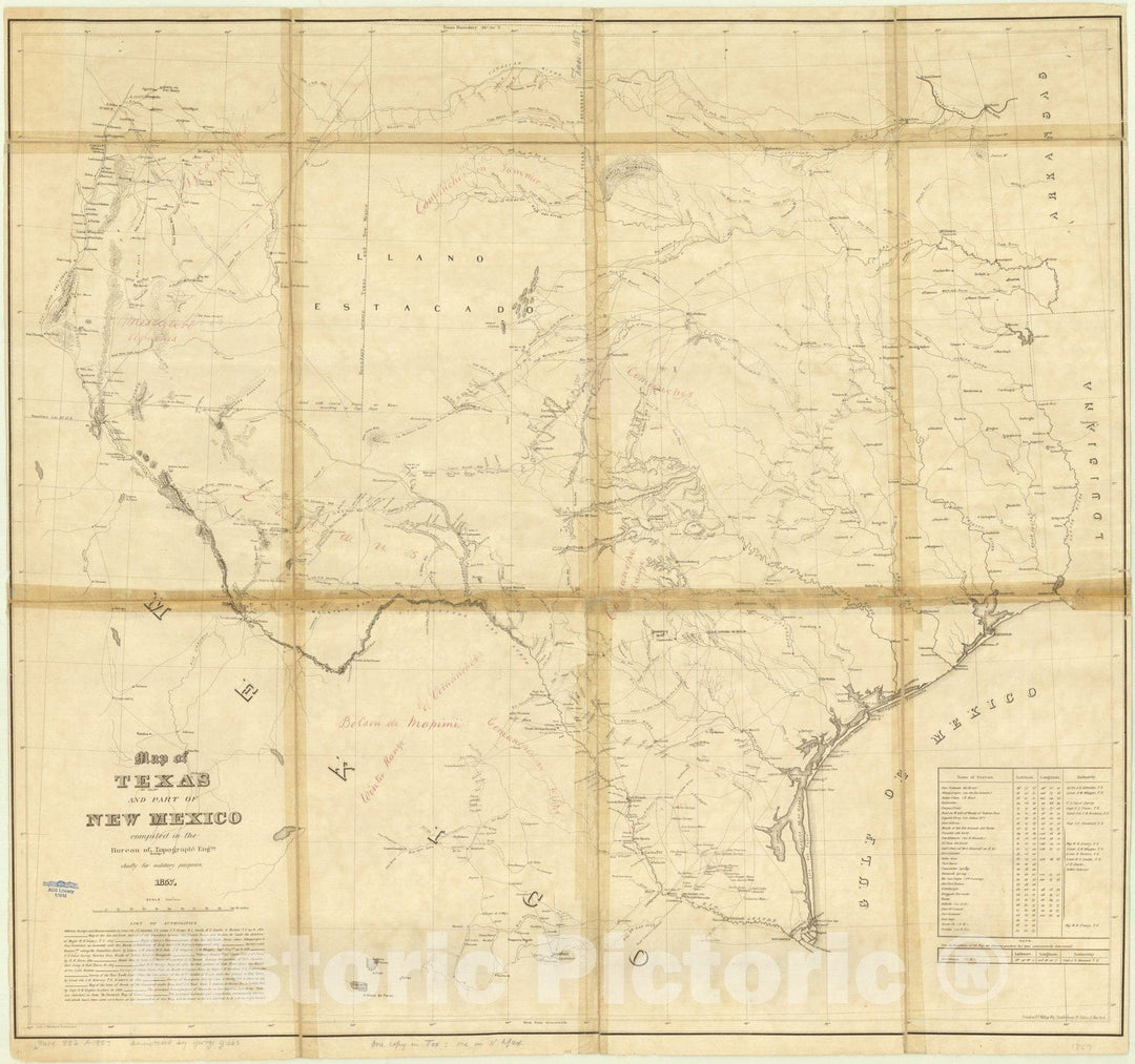 Map : Texas 1857, Map of Texas and part of New Mexico : compiled in the Bureau of Topographl. Eng'rs. chiefly for military purposes, 1857, Antique Vintage Reproduction