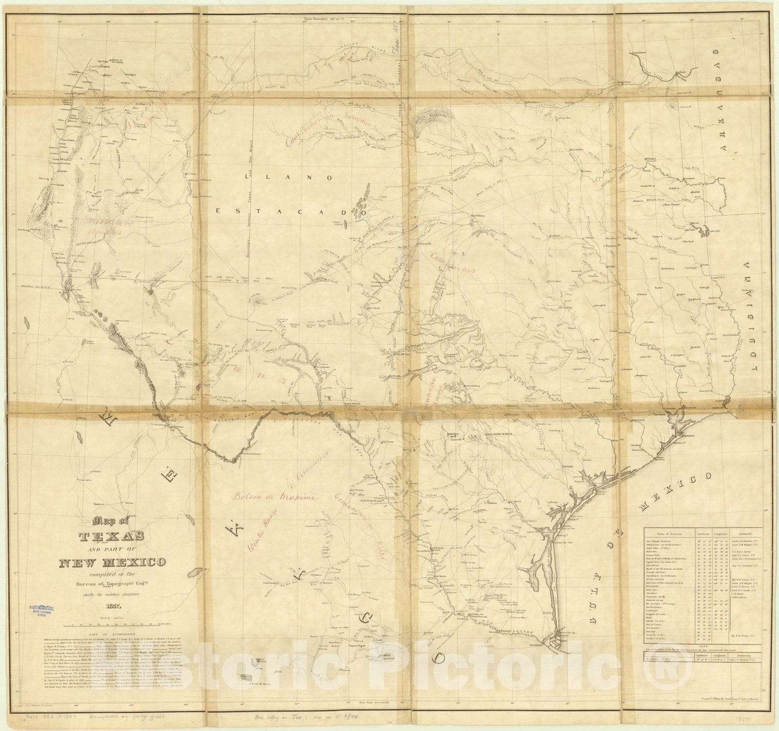 Map : Texas 1857, Map of Texas and part of New Mexico : compiled in the Bureau of Topographl. Eng'rs. chiefly for military purposes, 1857, Antique Vintage Reproduction