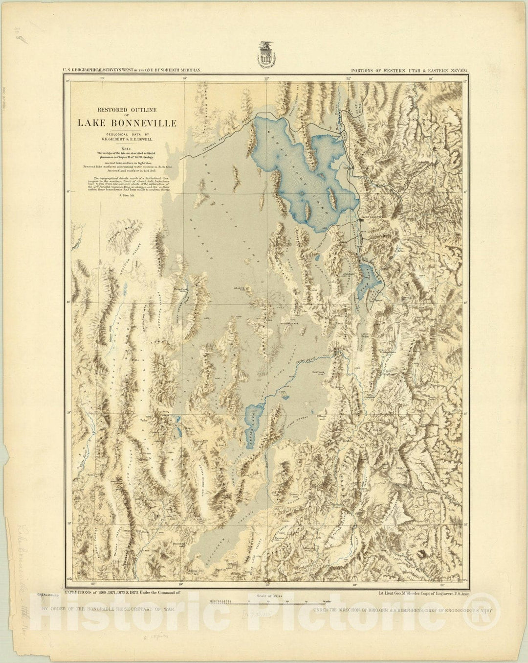 Map : Lake Bonneville 1876, Restored outline of Lake Bonneville , Antique Vintage Reproduction