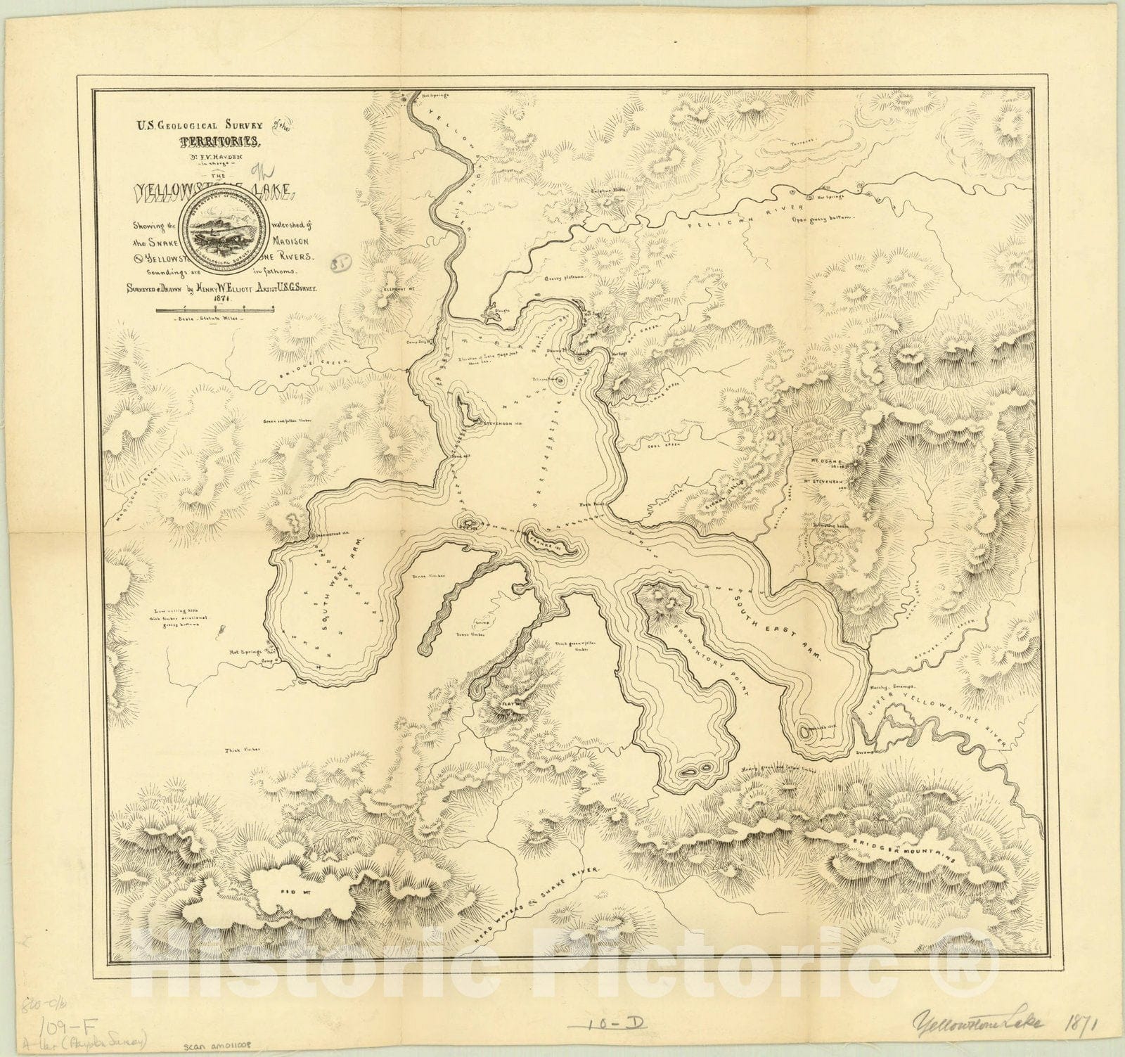 Map : Yellowstone Lake 1871, Yellowstone Lake showing the watershed of the Snake, Madison and Yellowstone Rivers , Antique Vintage Reproduction