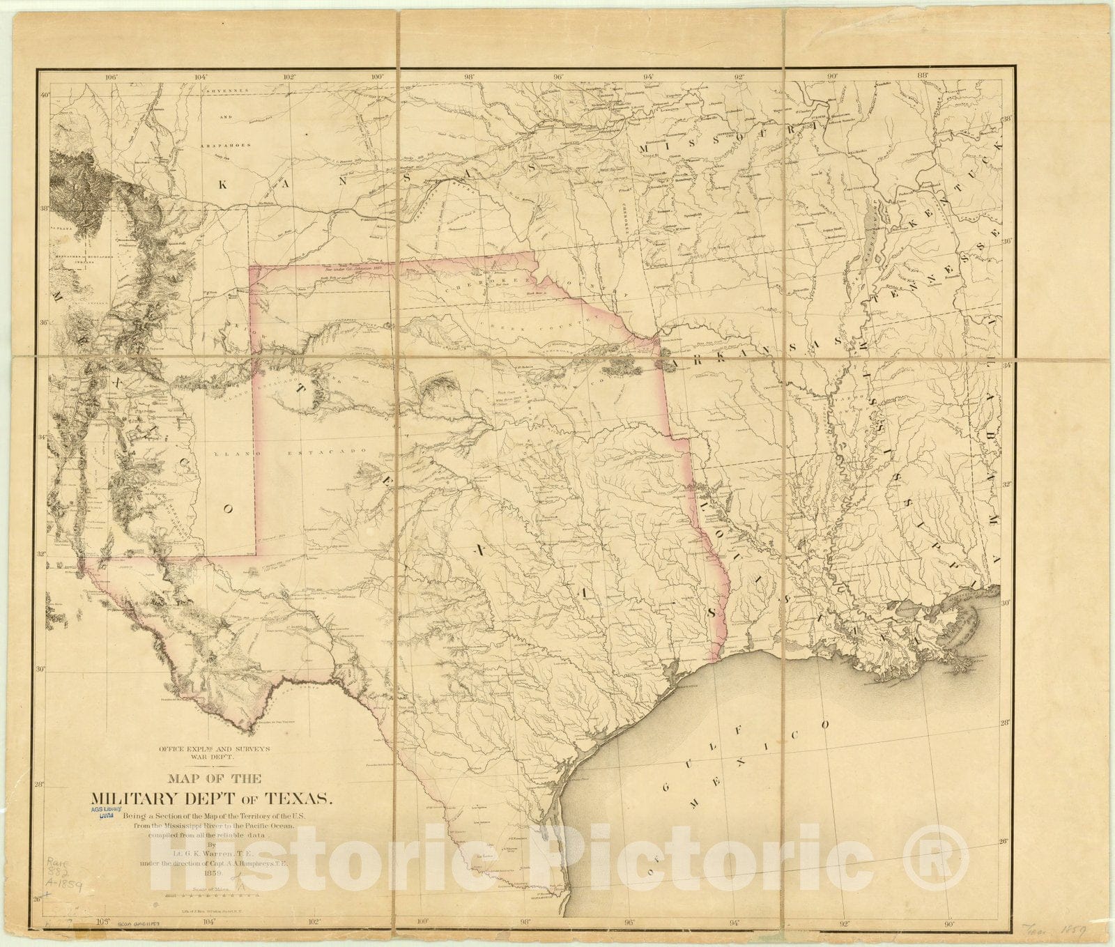 Map : Texas 1859, Map of the military dep't of Texas : being a section of the map of the territory of the U.S. from the Mississippi River to the Pacific Ocean