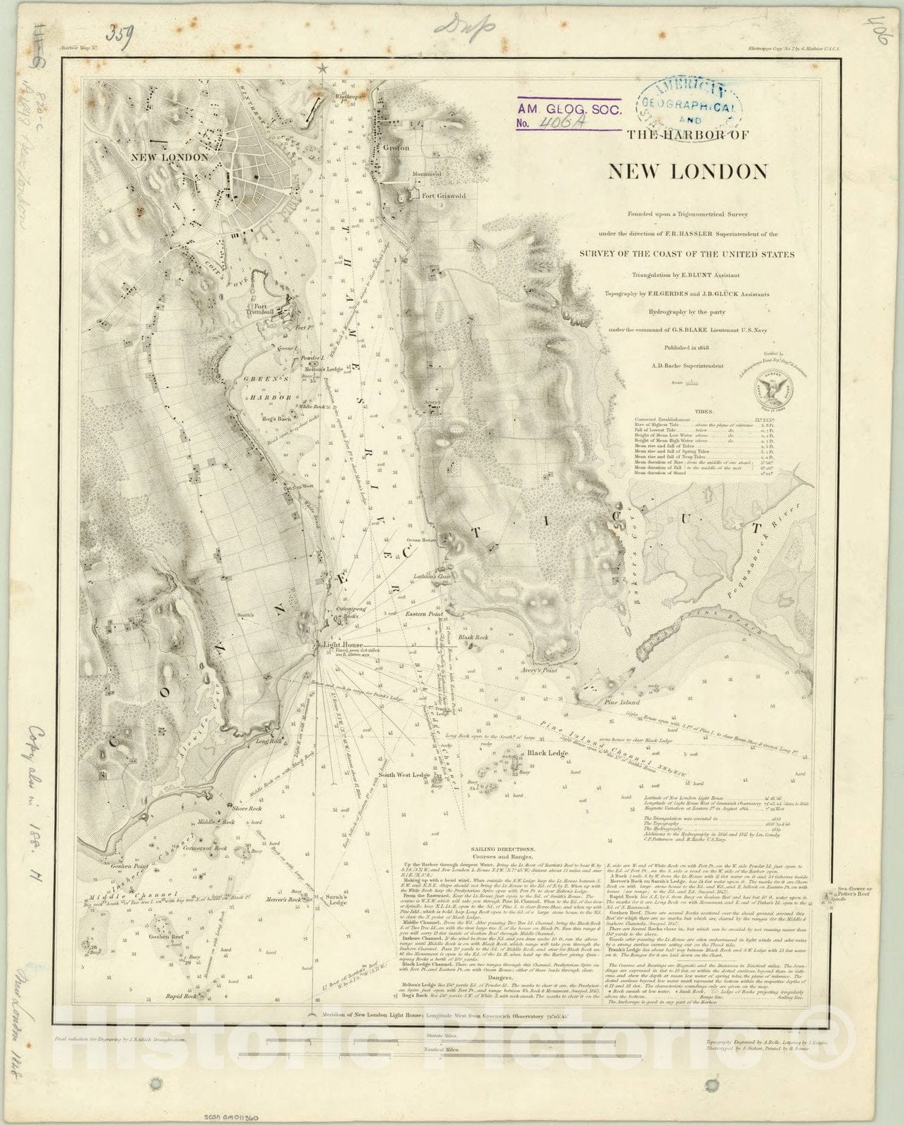 Map : New London, Connecticut 18448, The harbor of New London : founded upon a trigonometrical survey, Antique Vintage Reproduction