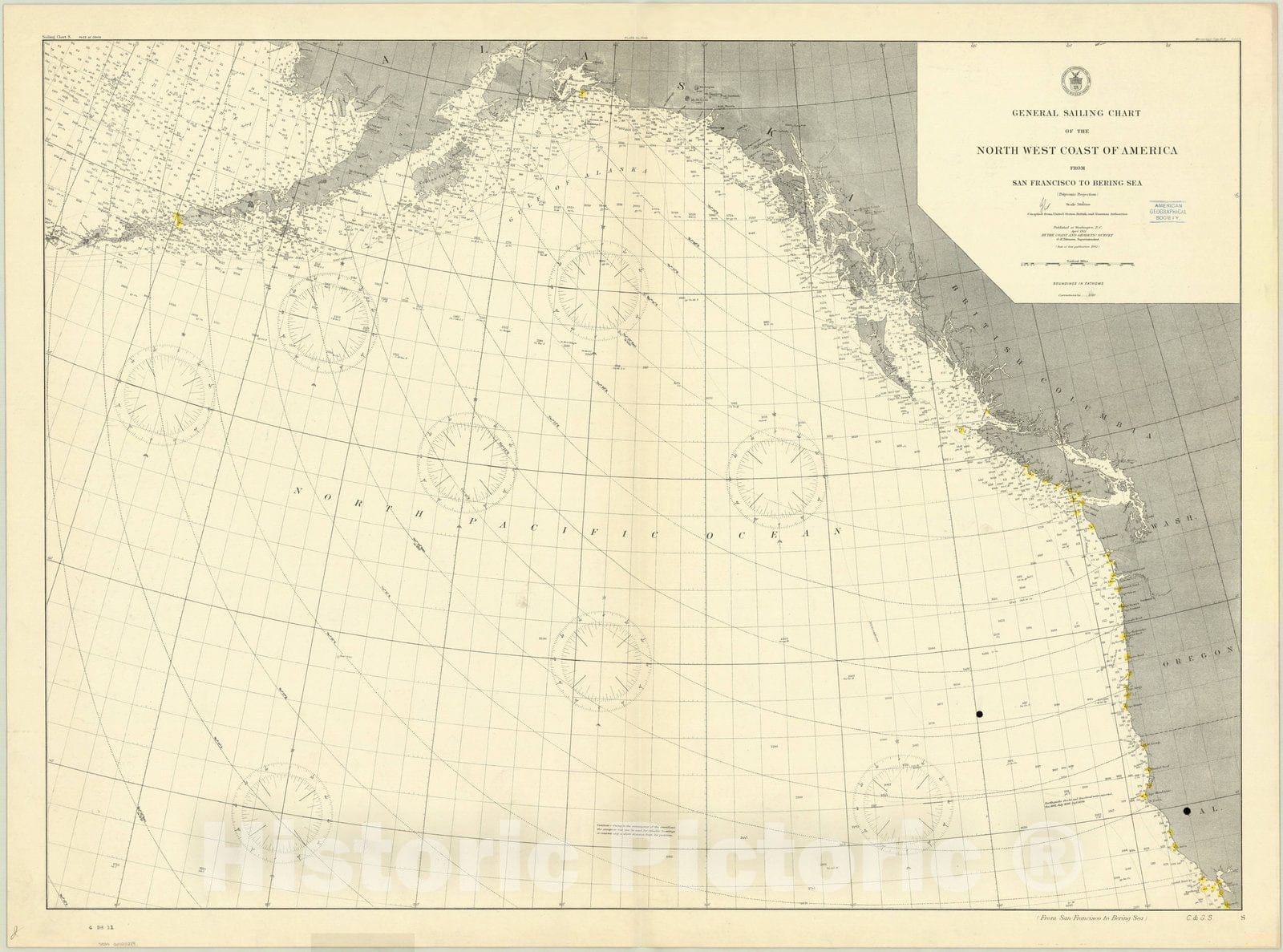 Historic Map : United States and Canada, west coast 1911, General sailing chart of the North West Coast of America from San Francisco to Bering Sea, Antique Vintage Reproduction