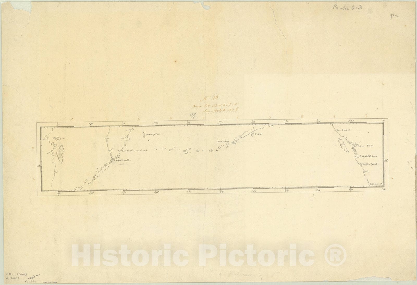 Map : Pacific Ocean 1776, N 16 from Lat 45 N to 57 N, Long 120 W to 135 E, Antique Vintage Reproduction