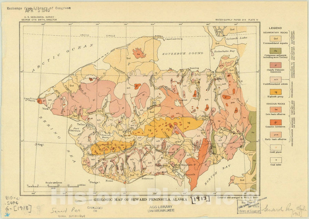 Map : Seward Peninsula, Alaska 1913, Geologic map of Seward Peninsula, Alaska , Antique Vintage Reproduction