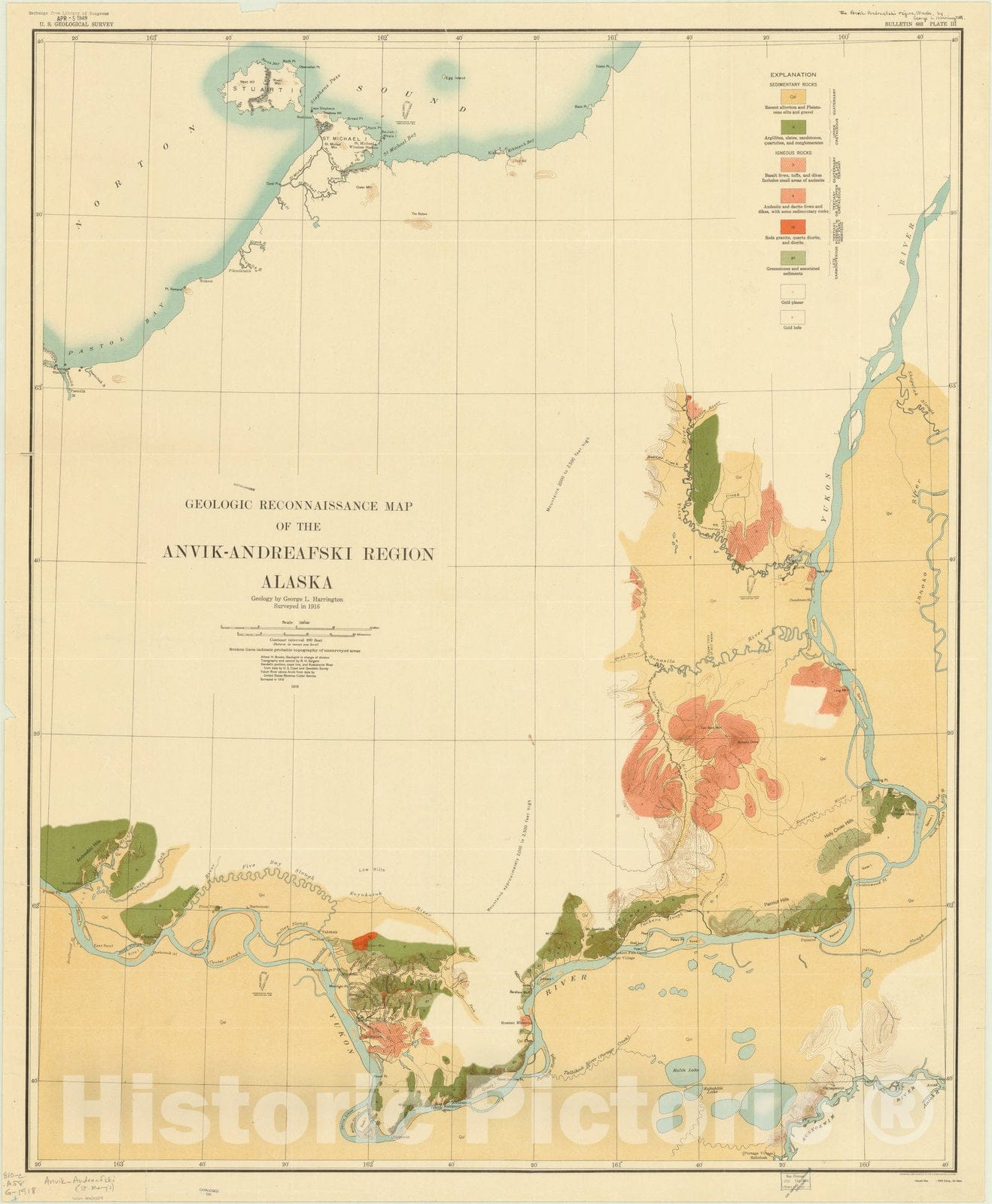 Map : Anvik region, Alaska 1918, Geologic reconnaissance map of the Anvik-Andreafski region, Alaska , Antique Vintage Reproduction