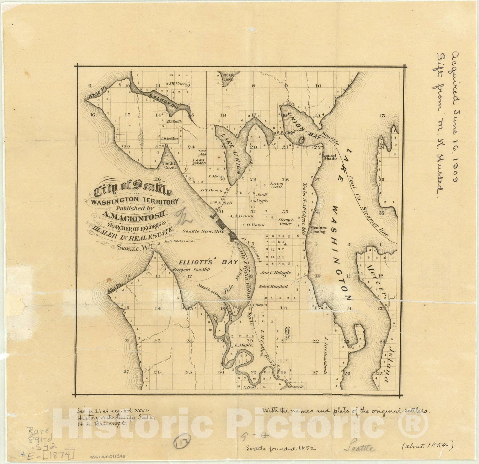 Map : Seattle, Washington 1874, City of Seattle, Washington Territory, Antique Vintage Reproduction