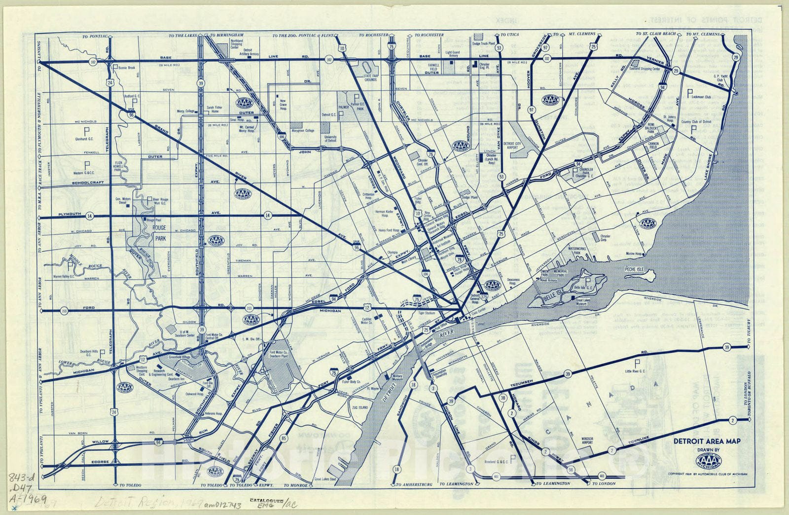 Map : Detroit, Michigan 1969, Visitors map of metropolitan Detroit : map of downtown Detroit with index to important buildings , Antique Vintage Reproduction