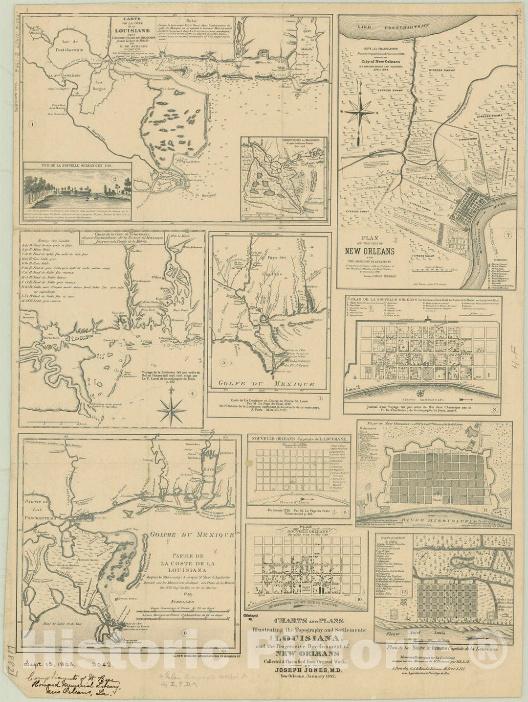 Historic Map : Louisiana 1882 2, Charts and plans illustrating the topography and settlements of Louisiana, and the progressive development of New Orleans , Antique Vintage Reproduction