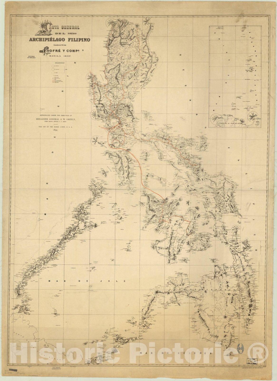 Map : Philippines 1899, Carta general del Archipielago Filipino , Antique Vintage Reproduction