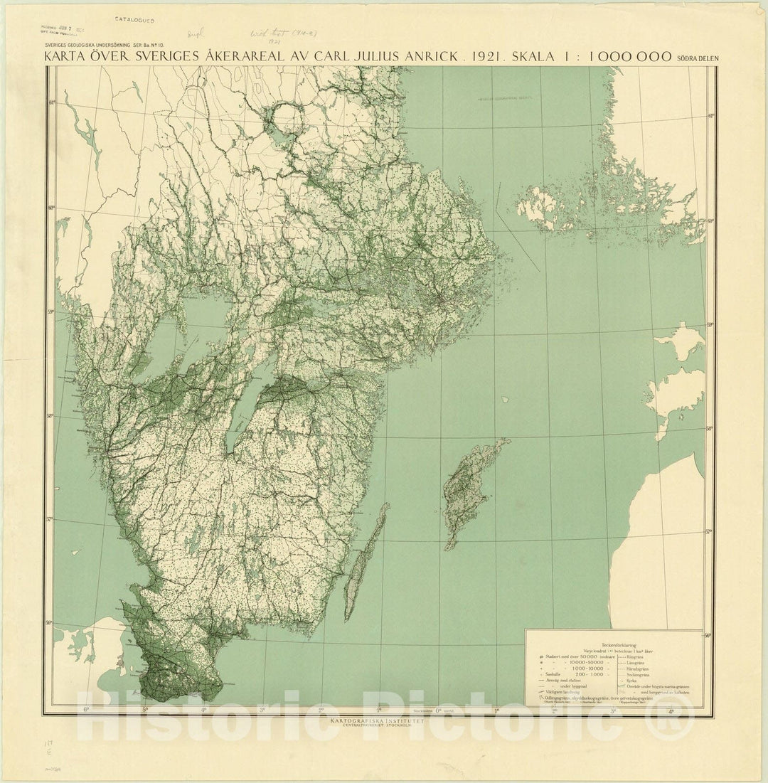 Map : Swedenn 1921, Karta over Sveriges akerareal : enligt absolut metod sammanstA?lld efter statistiska centralbyrans officiella publikationer 1913-1920