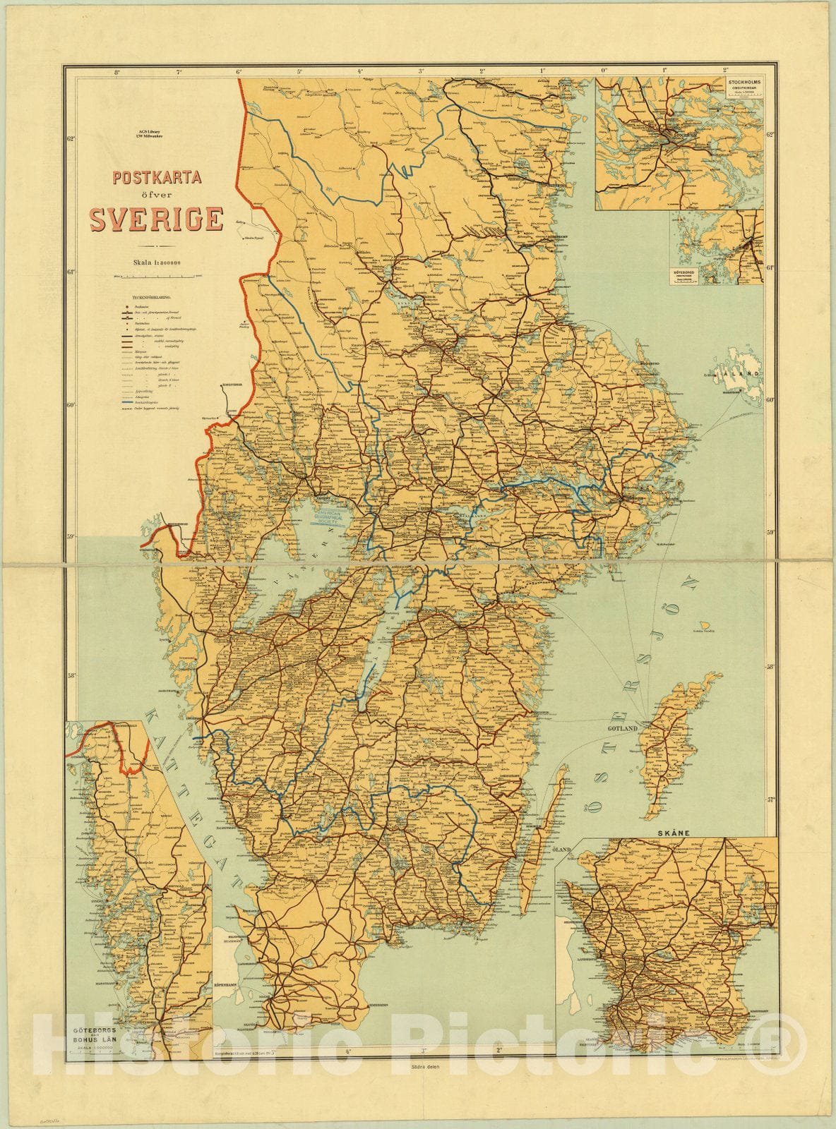 Map : Sweden 1911, Postkarta ofver Sverige, Antique Vintage Reproduction