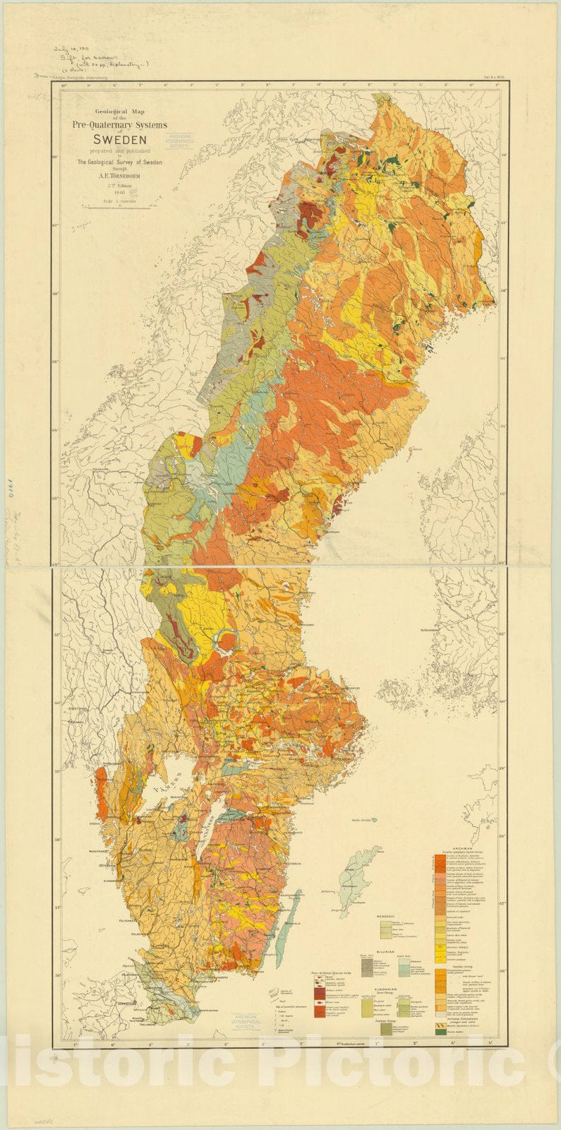 Map : Sweden 1910, Geological map of the pre-Quaternary systems of Sweden , Antique Vintage Reproduction