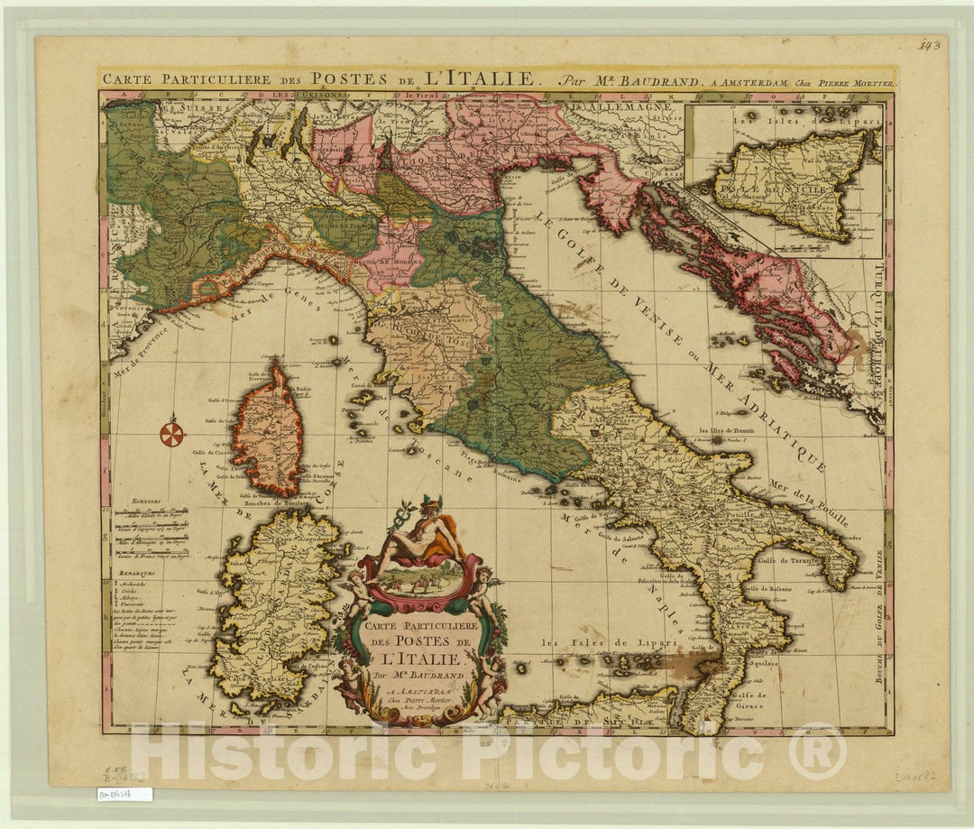 Map : Italy 1695, Carte particuliere des Postes de l'Italie , Antique Vintage Reproduction