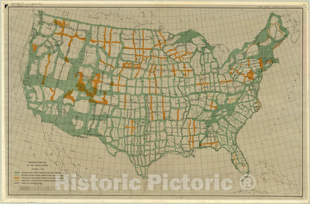 Map : United States 1938, Triangulation net of the United States , Antique Vintage Reproduction