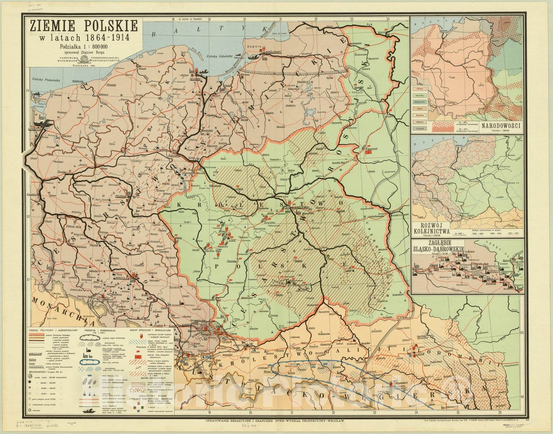 Map : Poland 1964, Ziemie polskie w latach 1864-1914 , Antique Vintage Reproduction