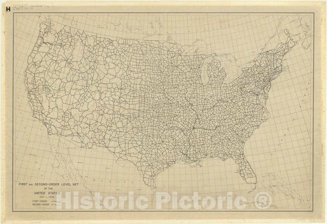 Map : United States 1936, First and second-order level net of the United States , Antique Vintage Reproduction