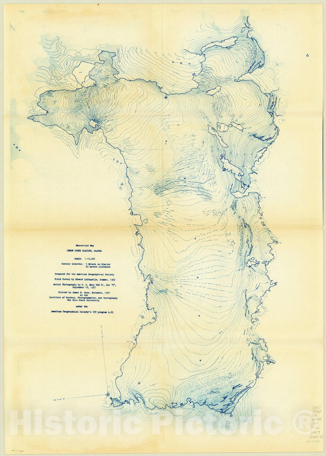 Map : Lemon Creek Glacier, Alaska 1957, Manuscript map, Lemon Creek Glacier, Alaska , Antique Vintage Reproduction