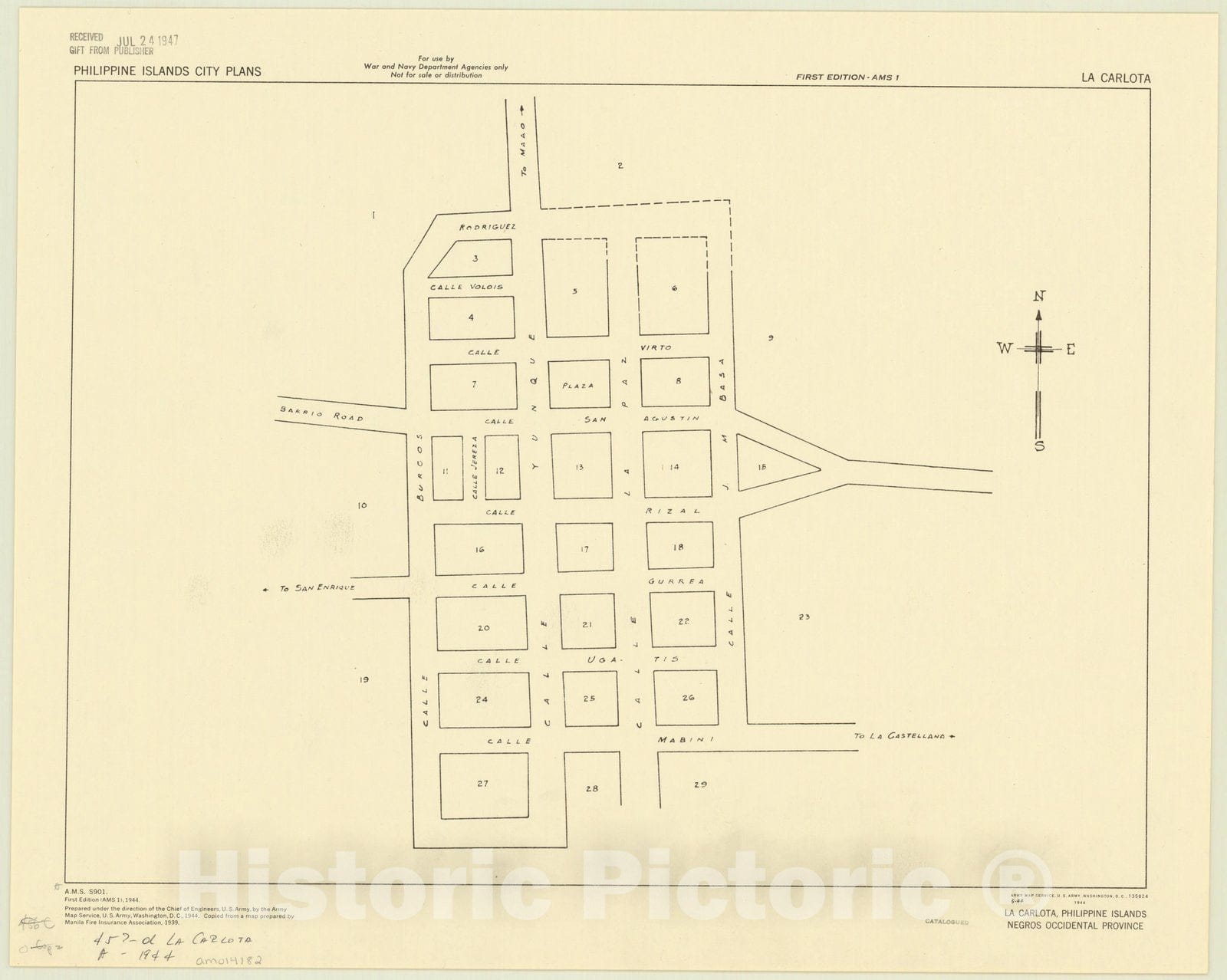 Map : La Carlota, Philippines 1944, La Carlota, Philippine Islands, Negros Occidental Province, Antique Vintage Reproduction