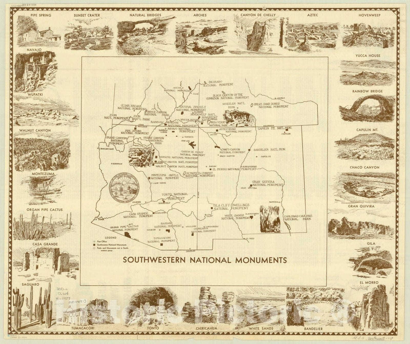 Map : United States 1937, Southwestern national monuments , Antique Vintage Reproduction