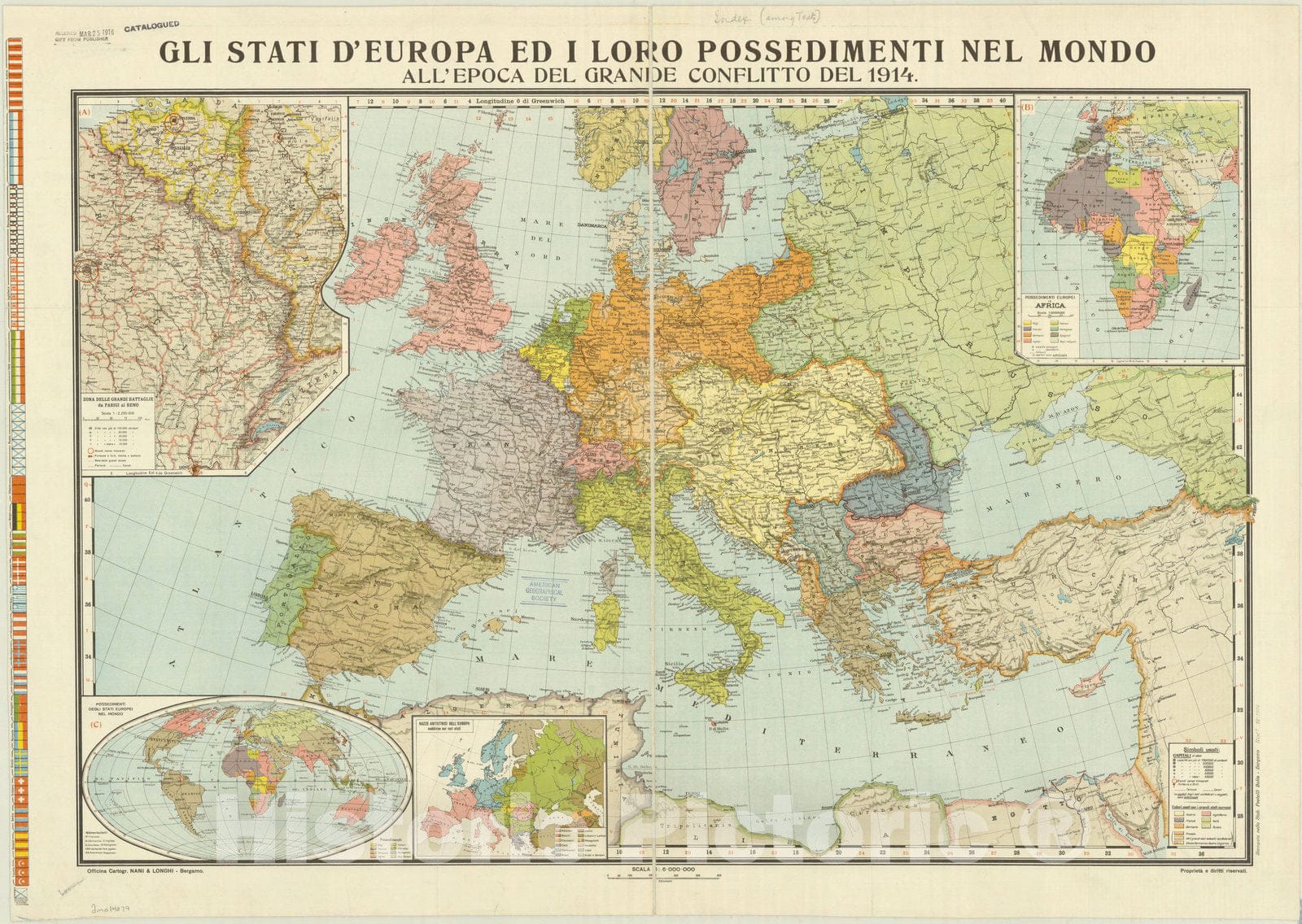 Map : Europe 1914, Gli stati d'Europa ed i loro possedimenti nel mondo all'epoca del grande conflitto del 1914 , Antique Vintage Reproduction