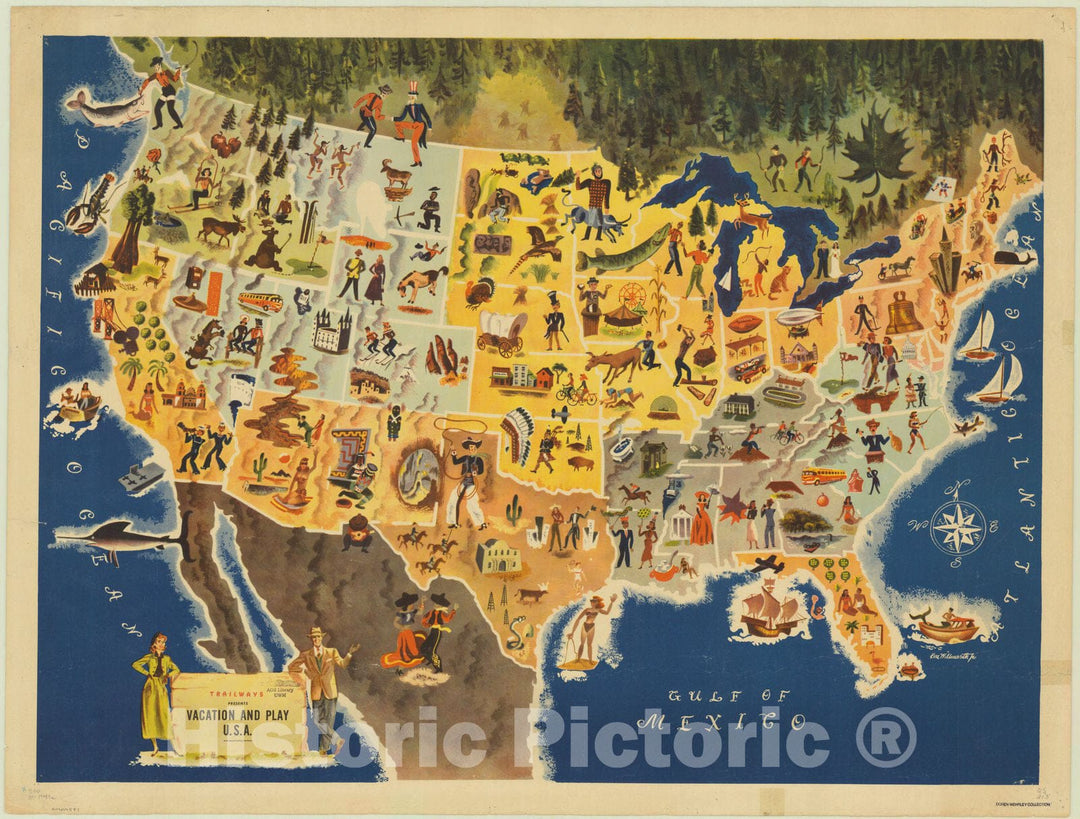 Map : United States 1949, Trailways presents vacation and play U.S.A. , Antique Vintage Reproduction