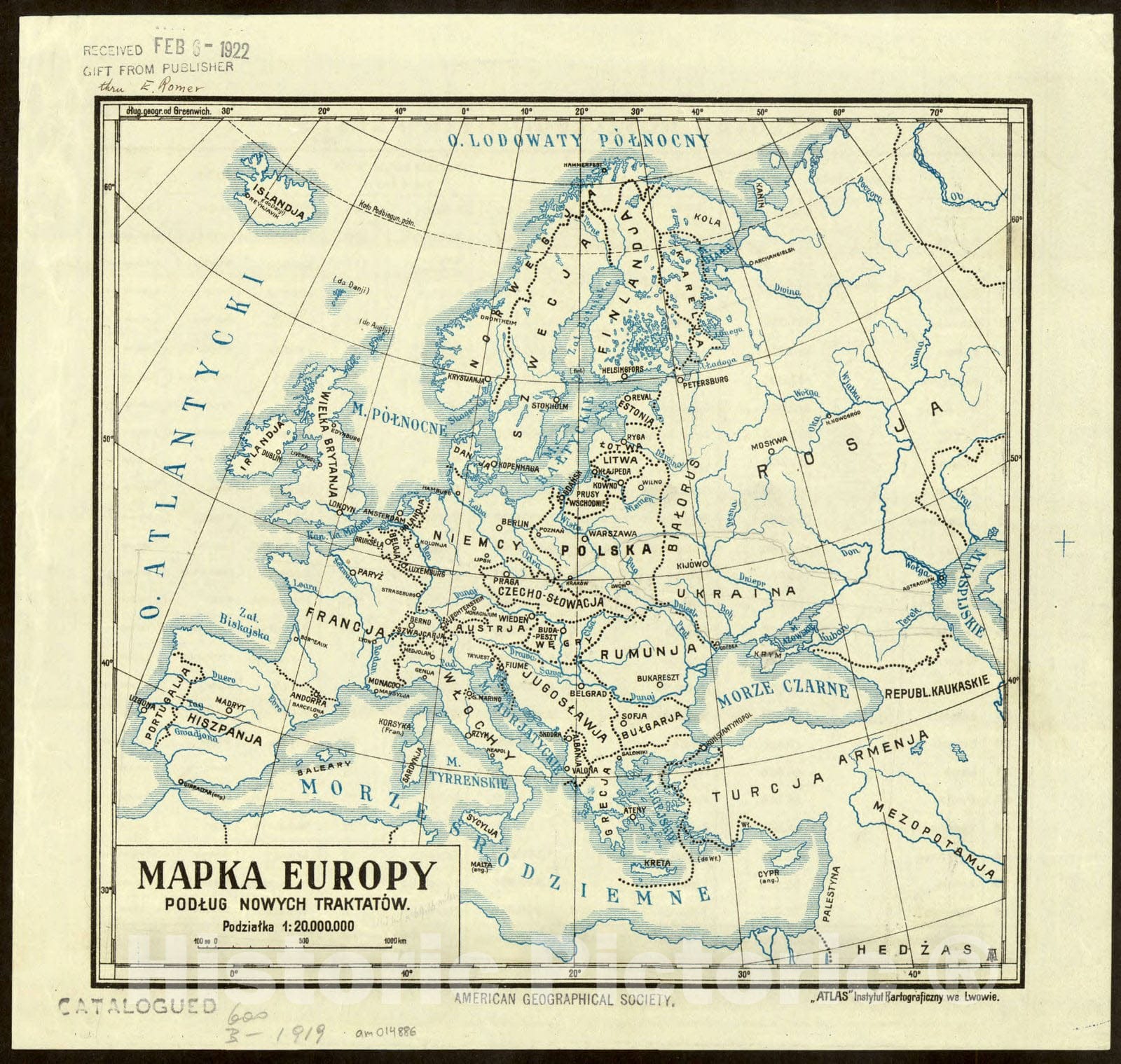 Map : Europe 1922, Mapka Europy : pod?ug nowych traktatow, 1:20 000 000, Antique Vintage Reproduction