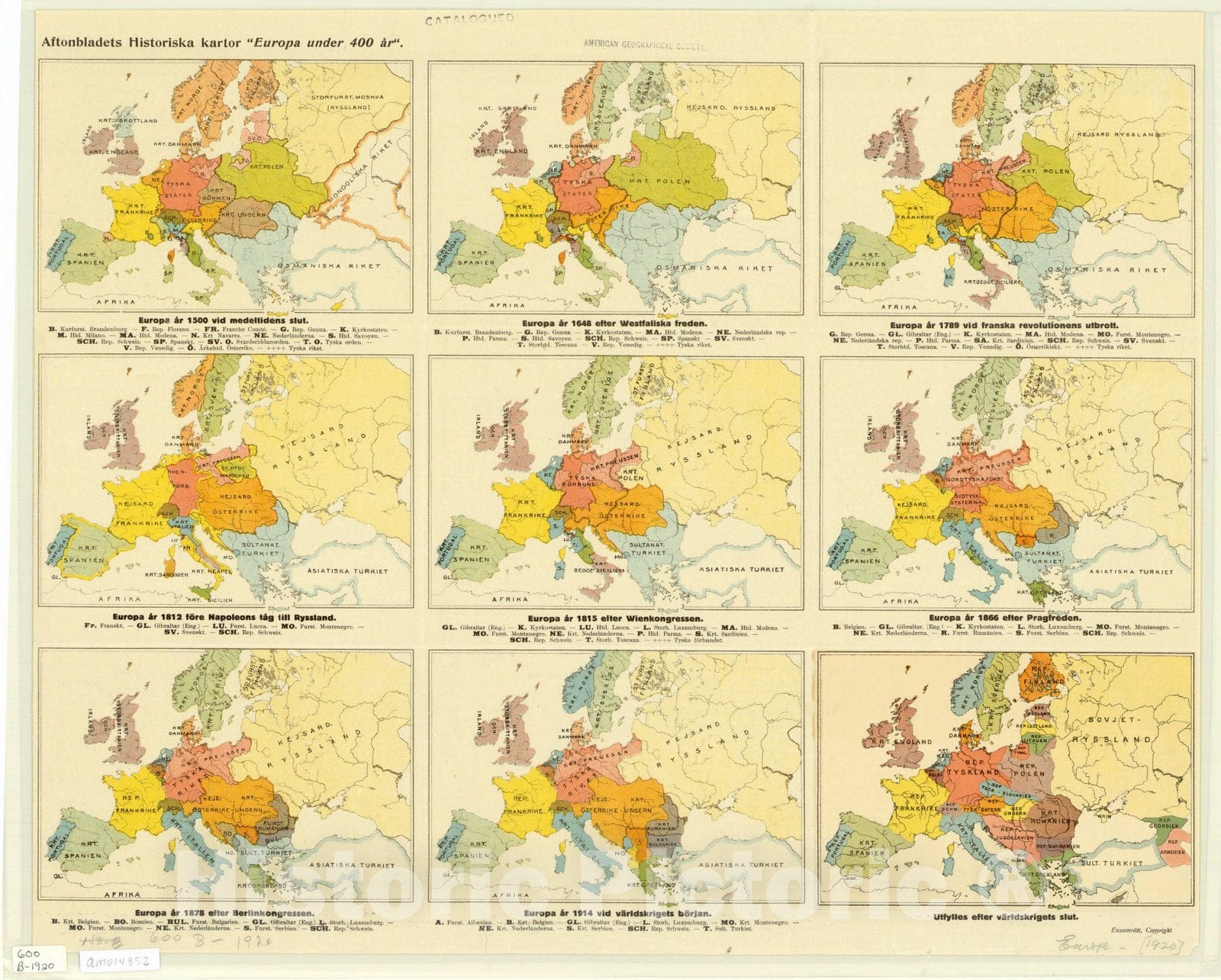 Map : Europe 1920, Aftonbladets historiska Kartor : |"Europa under 400 ar.|", Antique Vintage Reproduction