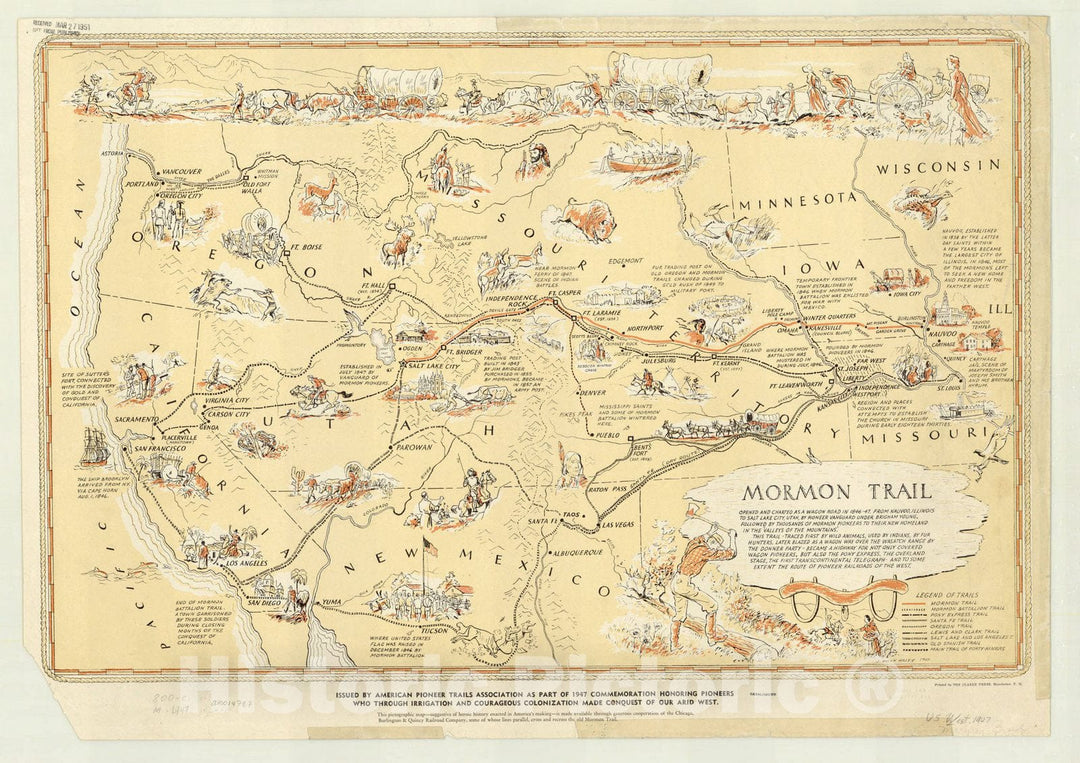 Map : United States 1947, Mormon Trail , Antique Vintage Reproduction