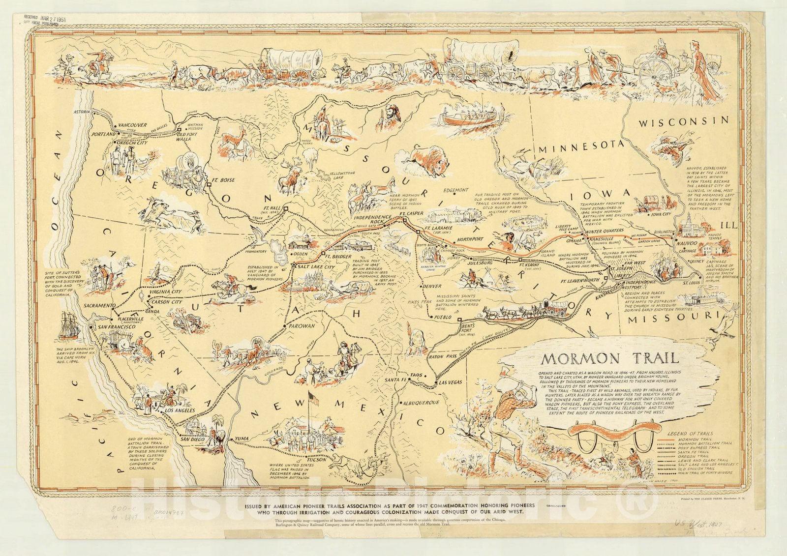 Map : United States 1947, Mormon Trail , Antique Vintage Reproduction