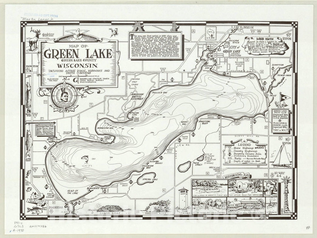 Map : Green Lake, Wisconsin 1970, Map of Green Lake, Green Lake County, Wisconsin : including access roads, highways and depth contours , Antique Vintage Reproduction