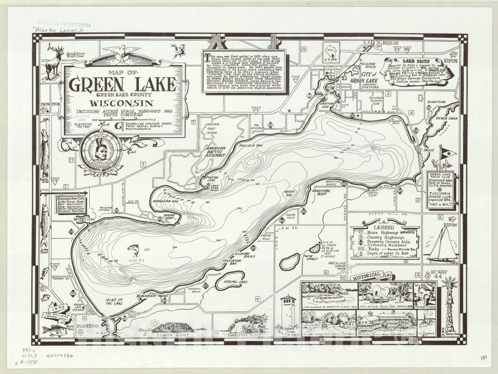 Map : Green Lake, Wisconsin 1970, Map of Green Lake, Green Lake County, Wisconsin : including access roads, highways and depth contours , Antique Vintage Reproduction