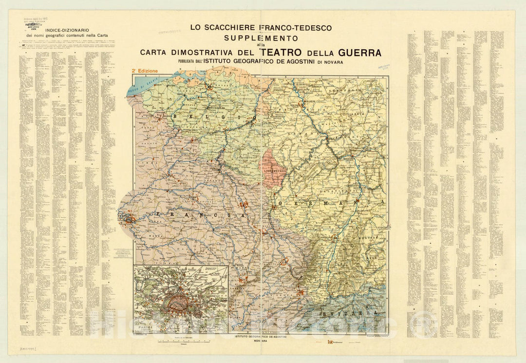 Map : Europe 1914, Lo Scacchiere Franco-Tedesco supplemento alla carta dimostrativa teatro della guerra europea , Antique Vintage Reproduction